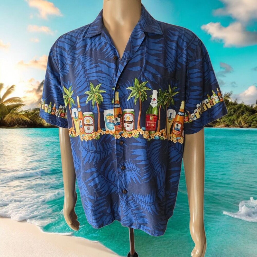 VTG BANANA JACK ( LG ) Honolulu Hawaiin Beer / Palm Trees Button Down S/S Shirt